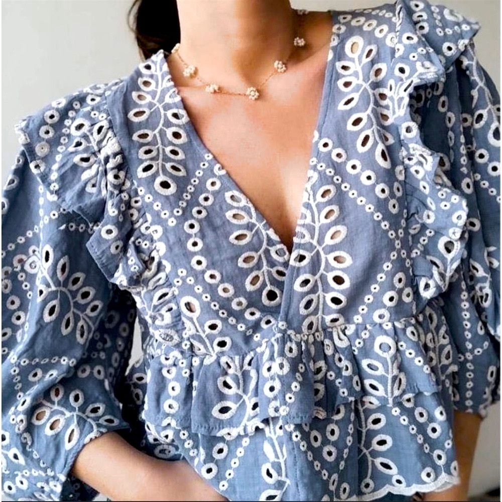 Olivaceous Embroidered Eyelet Ruffled Puff Sleeve Crop Top Blouse Medium